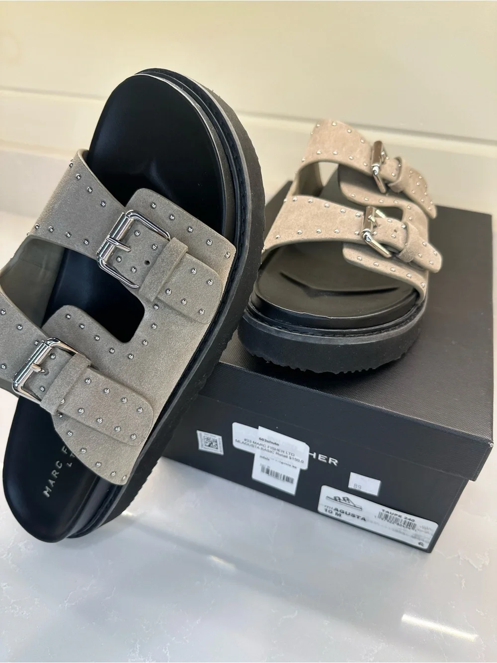 Marc Fisher LTD Agusta Studded Slide Sandals Taupe Suede Size 10